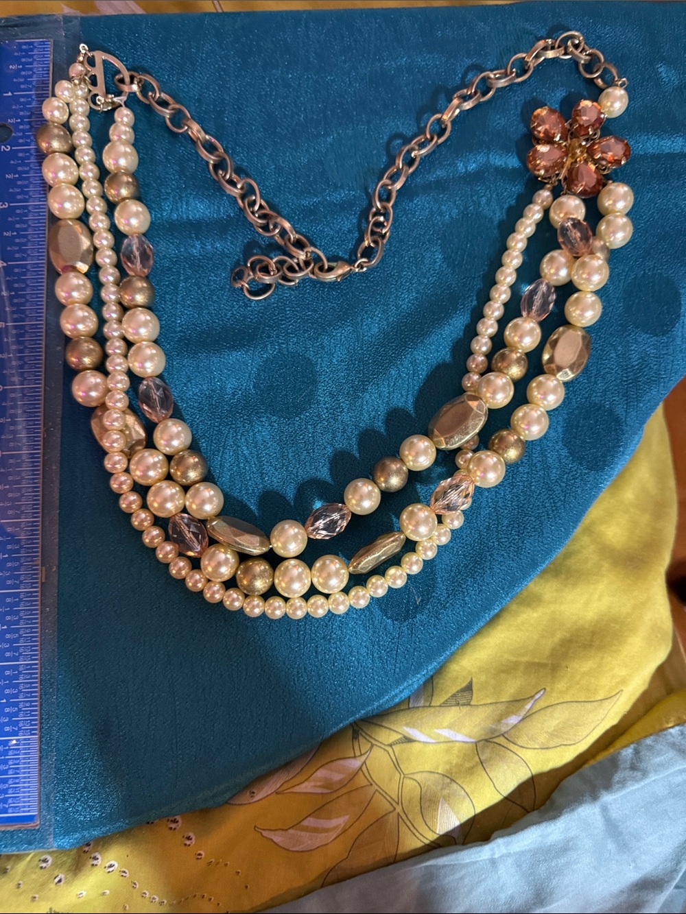 Multi-Strand Pearl and Crystal Necklace with Rose Gold Flower Accent